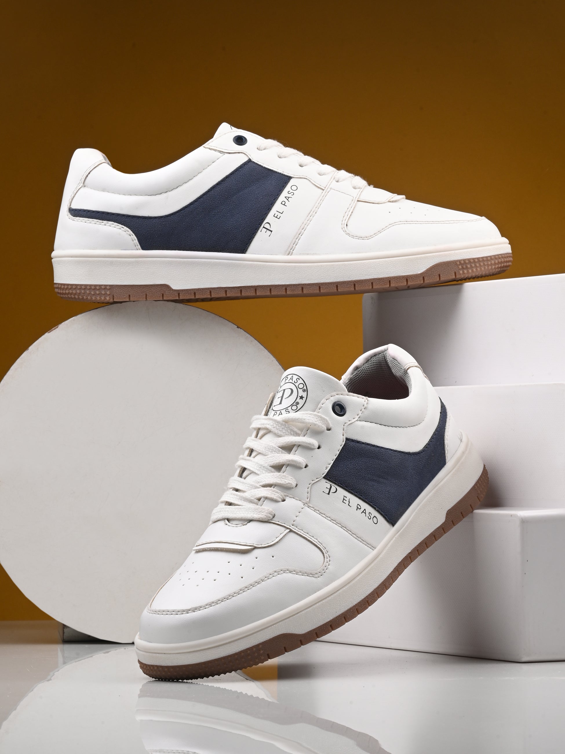 White & Blue Men's casual lace-up sneakers with white laces.