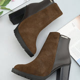 Brown suede ankle boots with a block heel, plus mid-top leather slip-on boots for versatile style and comfort.