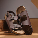 Brown Men's casual flat heel buckle strap sandal with back strap closure 