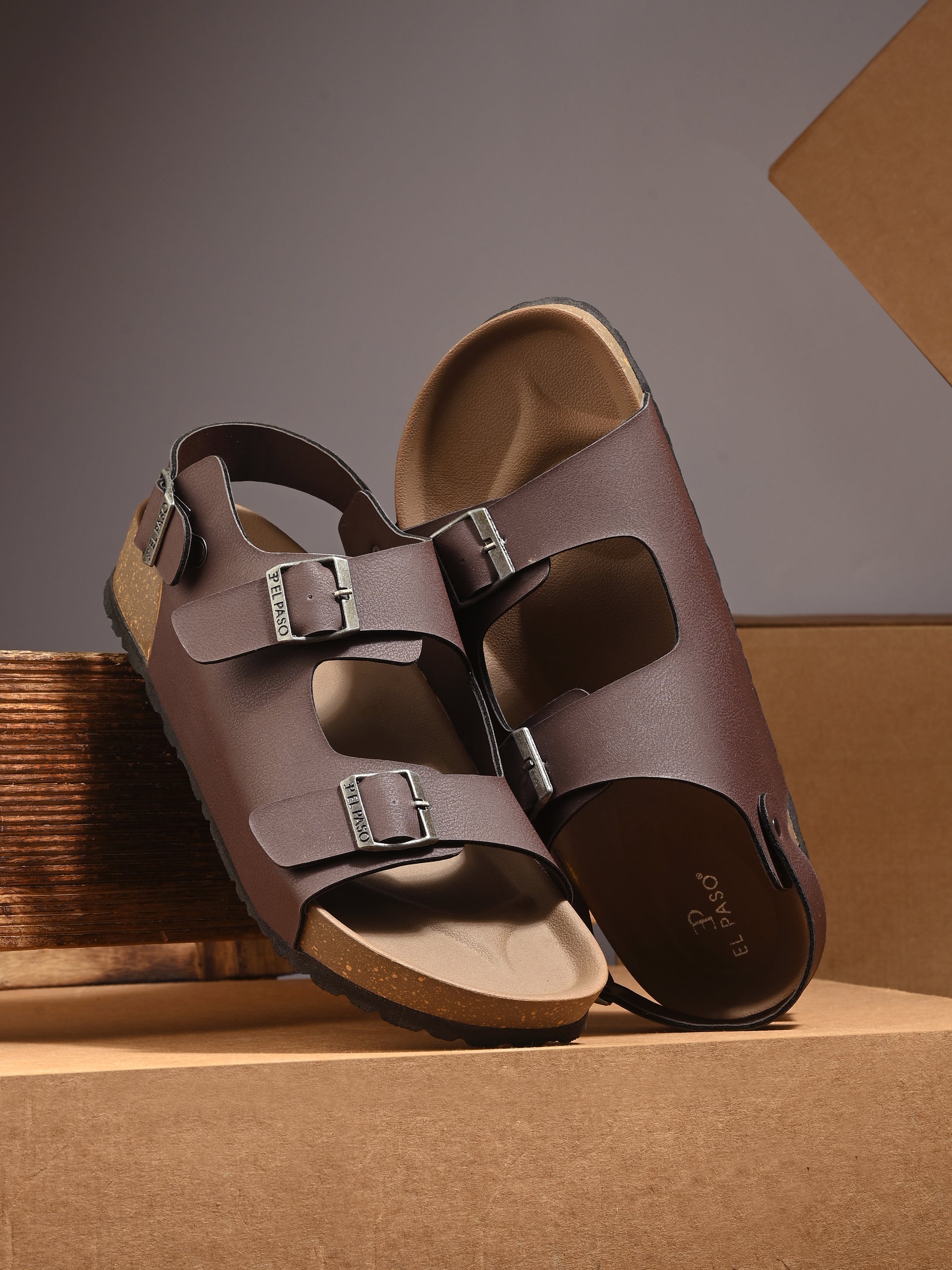 Brown Men's casual flat heel buckle strap sandal with back strap closure 