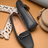 Black Textured Slip-On Loafers For Women 