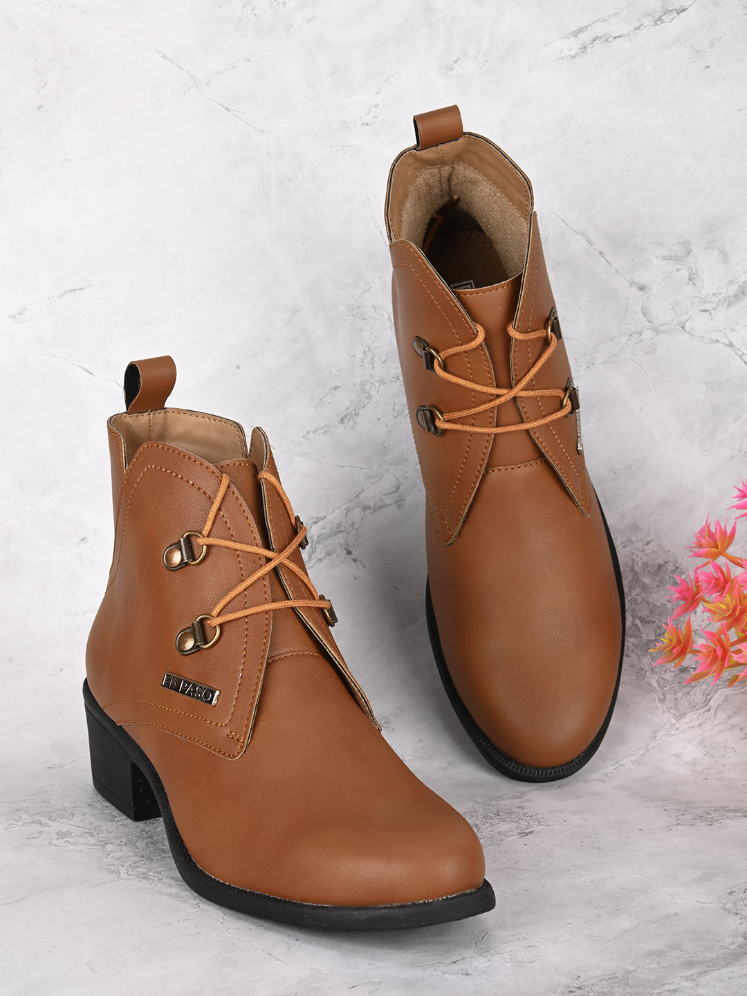 Brown Lace-Up Block Heel Boots