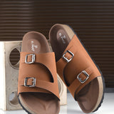 Tan Men's casual buckle strap sandal with slip-on closure