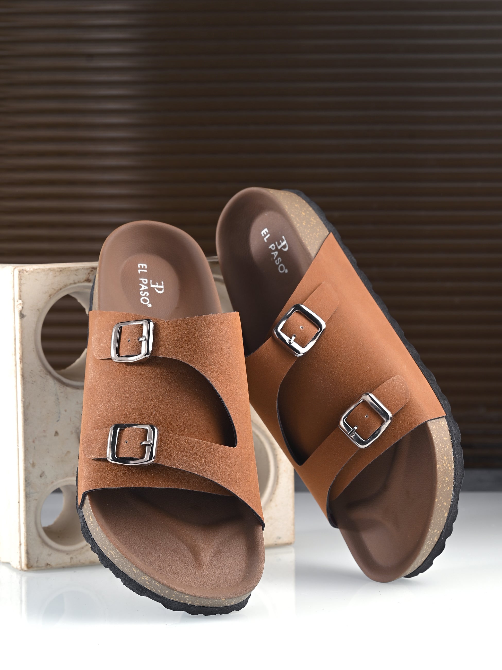 Tan Men's casual buckle strap sandal with slip-on closure