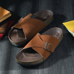 Tan Men's casual flat heel with buckle strap slip-on sandal