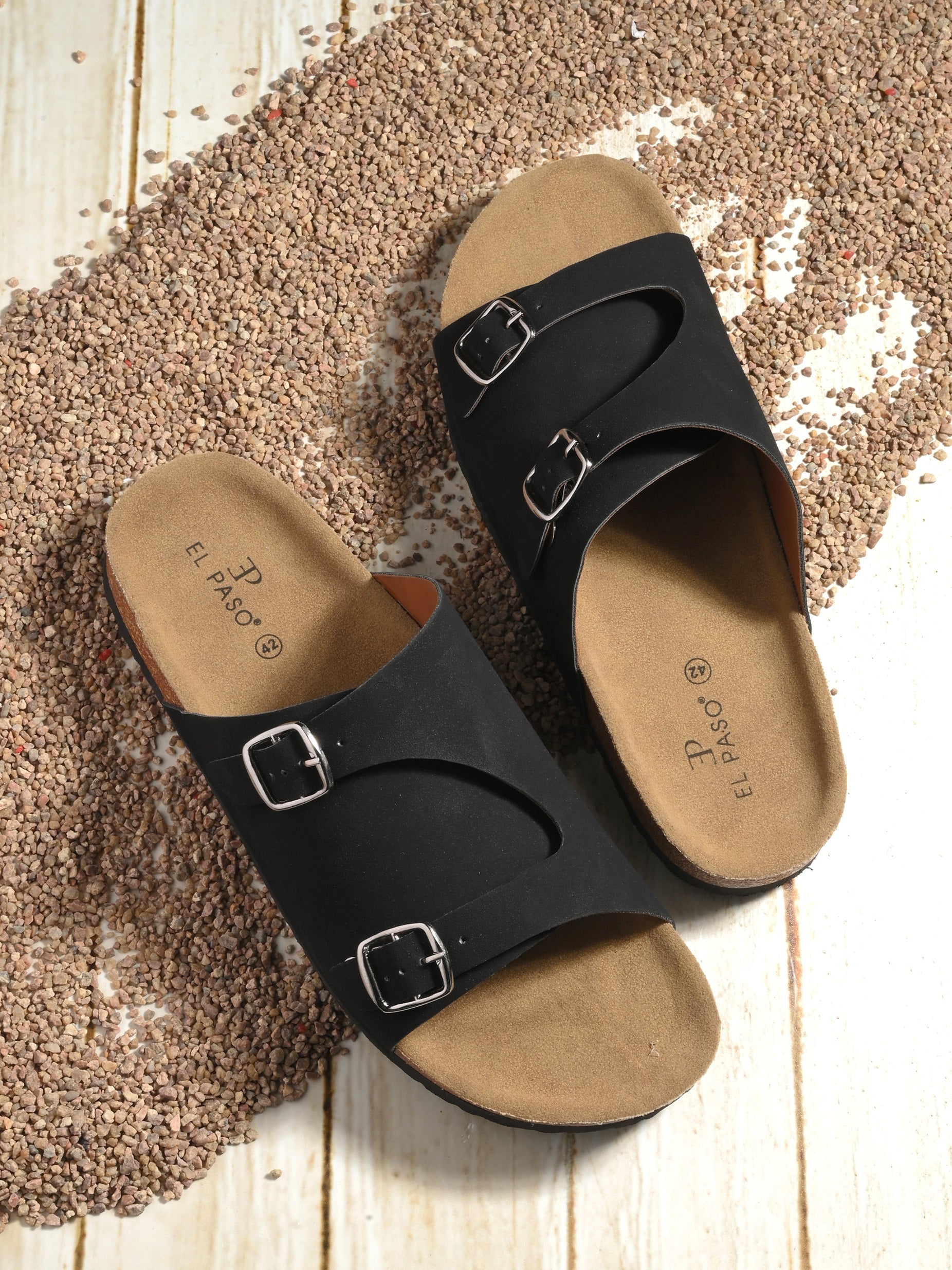 Men's casual Dark Black sandals with slip-on style and buckle strap