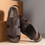 Brown Men's casual  flat heel buckle strap sandal with back strap closure