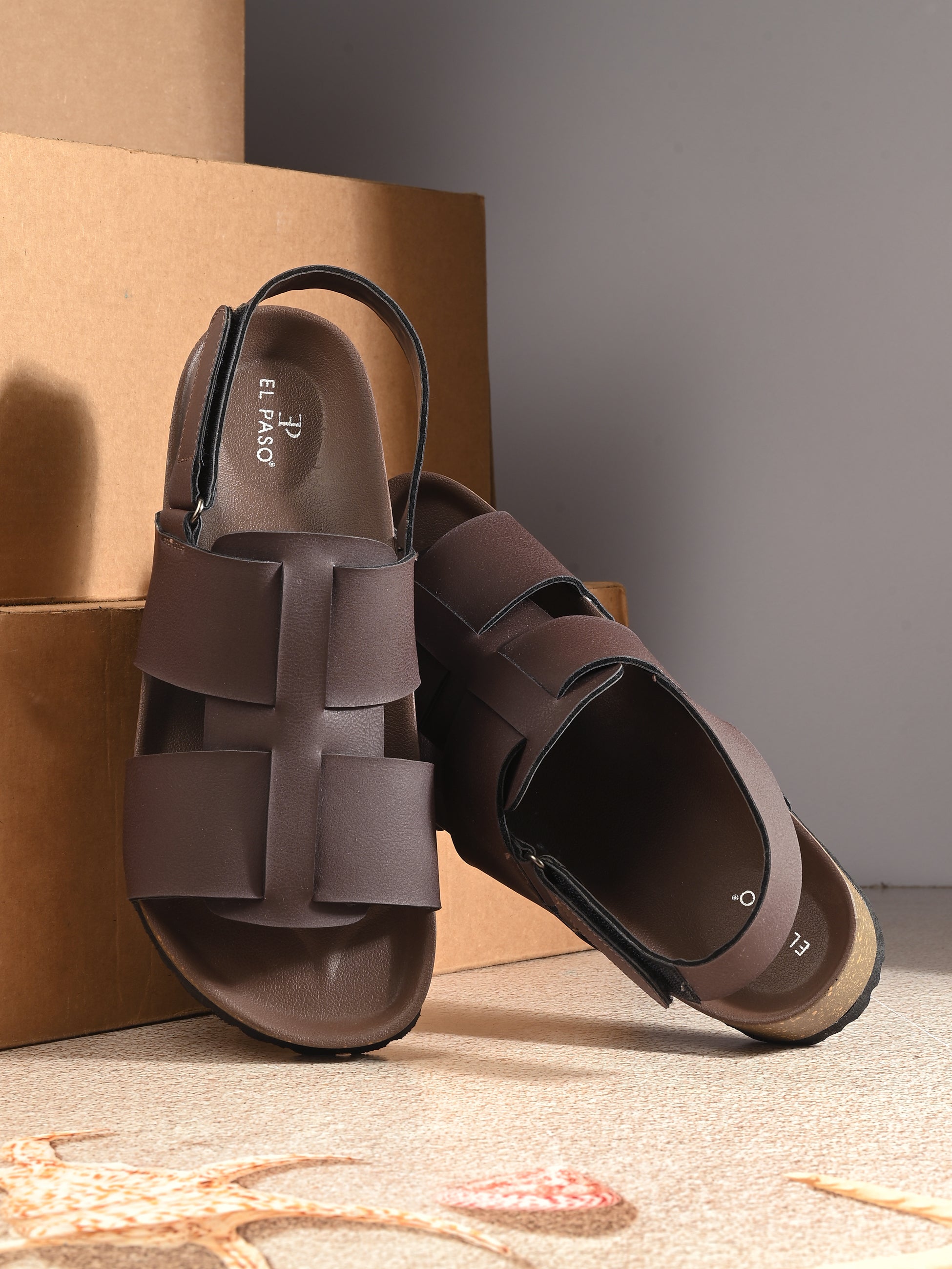 Brown Men's casual  flat heel buckle strap sandal with back strap closure