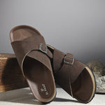 Brown Men's casual flat heel with buckle strap slip-on sandal