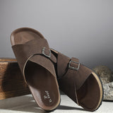 Brown Men's casual flat heel with buckle strap slip-on sandal