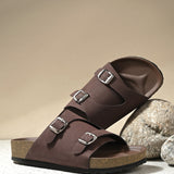 Brown Men's casual buckle strap sandal with slip-on closure