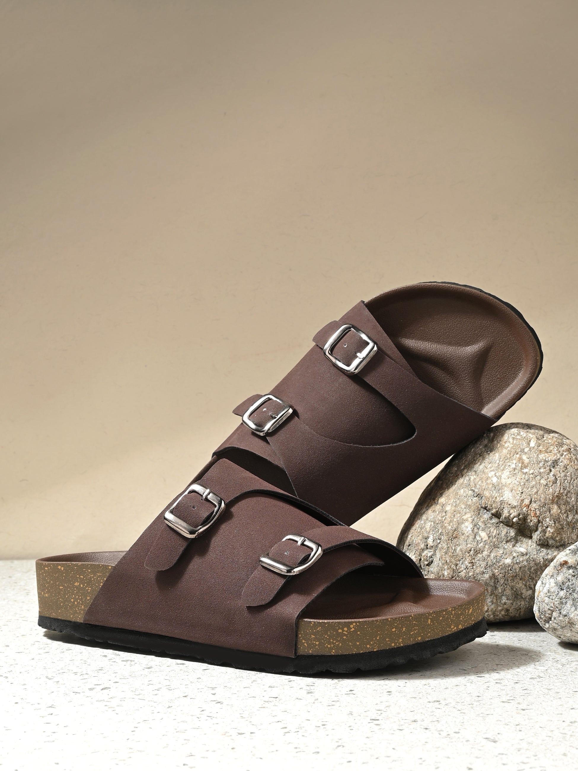 Brown Men's casual buckle strap sandal with slip-on closure