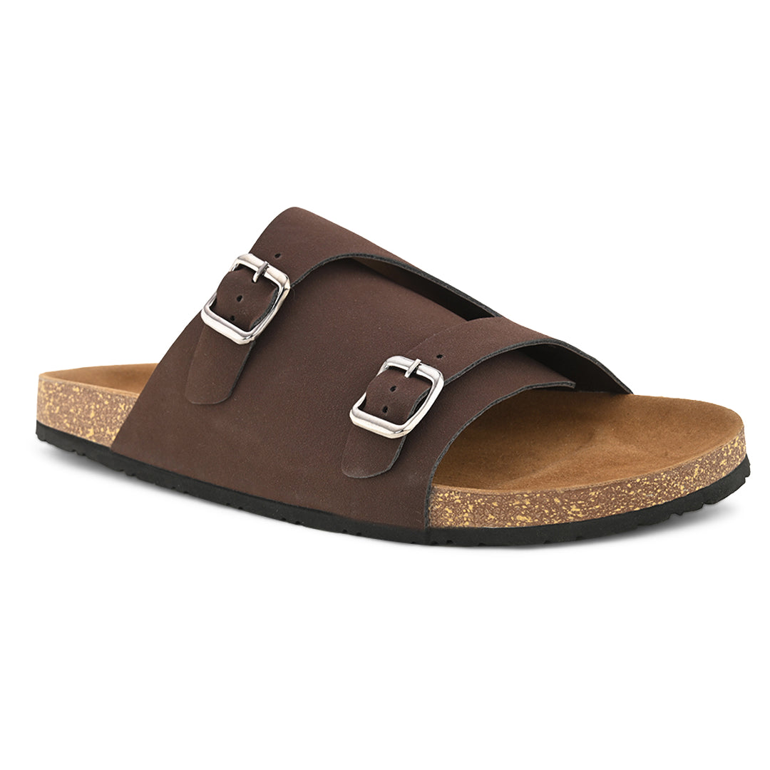 Men's casual Brown sandals with slip-on style and buckle strap 