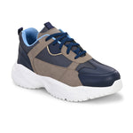 Navy blue and beige sporty sneakers for men with a chunky white sole, designed for a modern, athletic look with a bold, sporty aesthetic