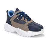 Navy blue and beige sporty sneakers for men with a chunky white sole, designed for a modern, athletic look with a bold, sporty aesthetic