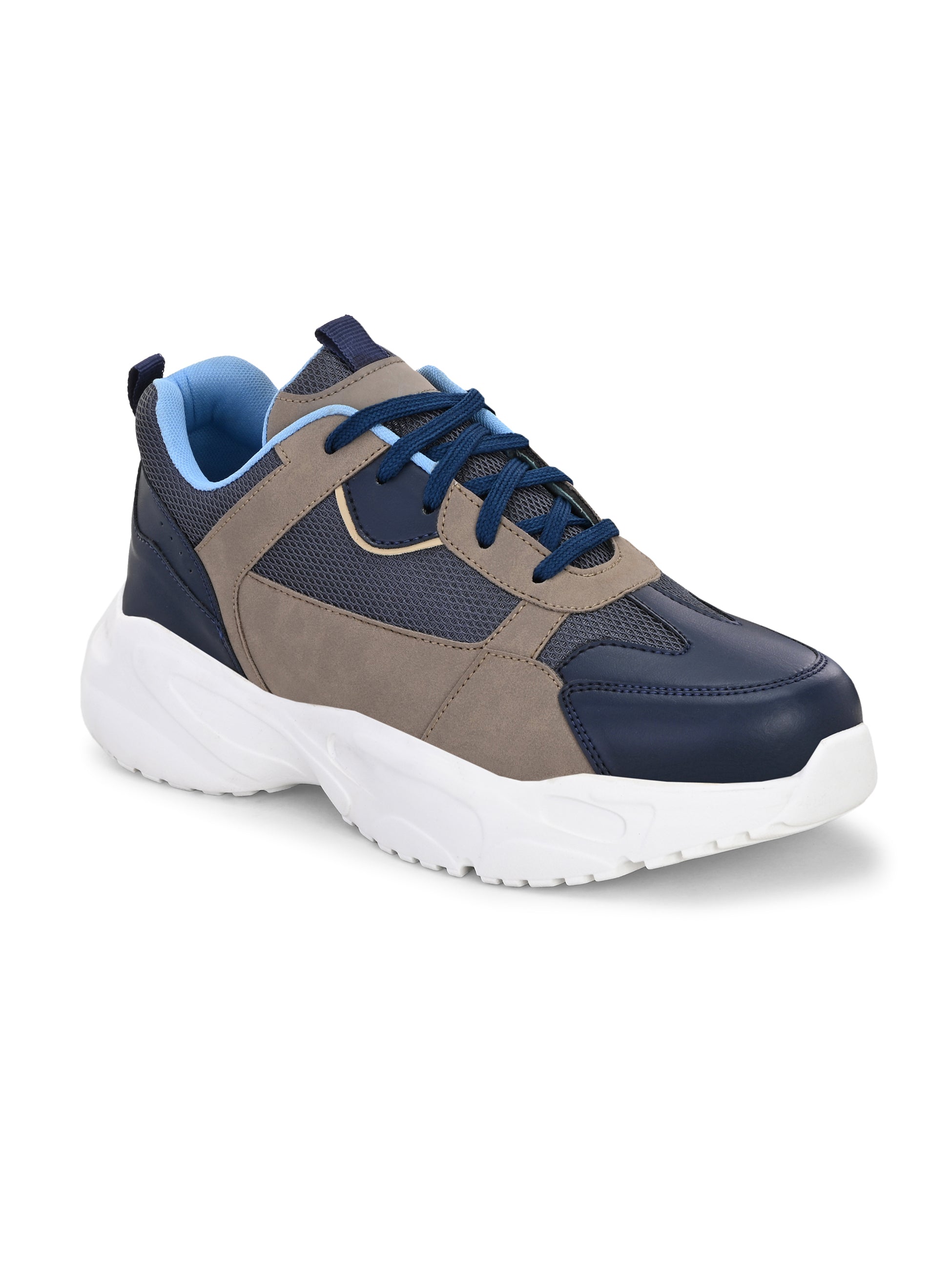 Navy blue and beige sporty sneakers for men with a chunky white sole, designed for a modern, athletic look with a bold, sporty aesthetic