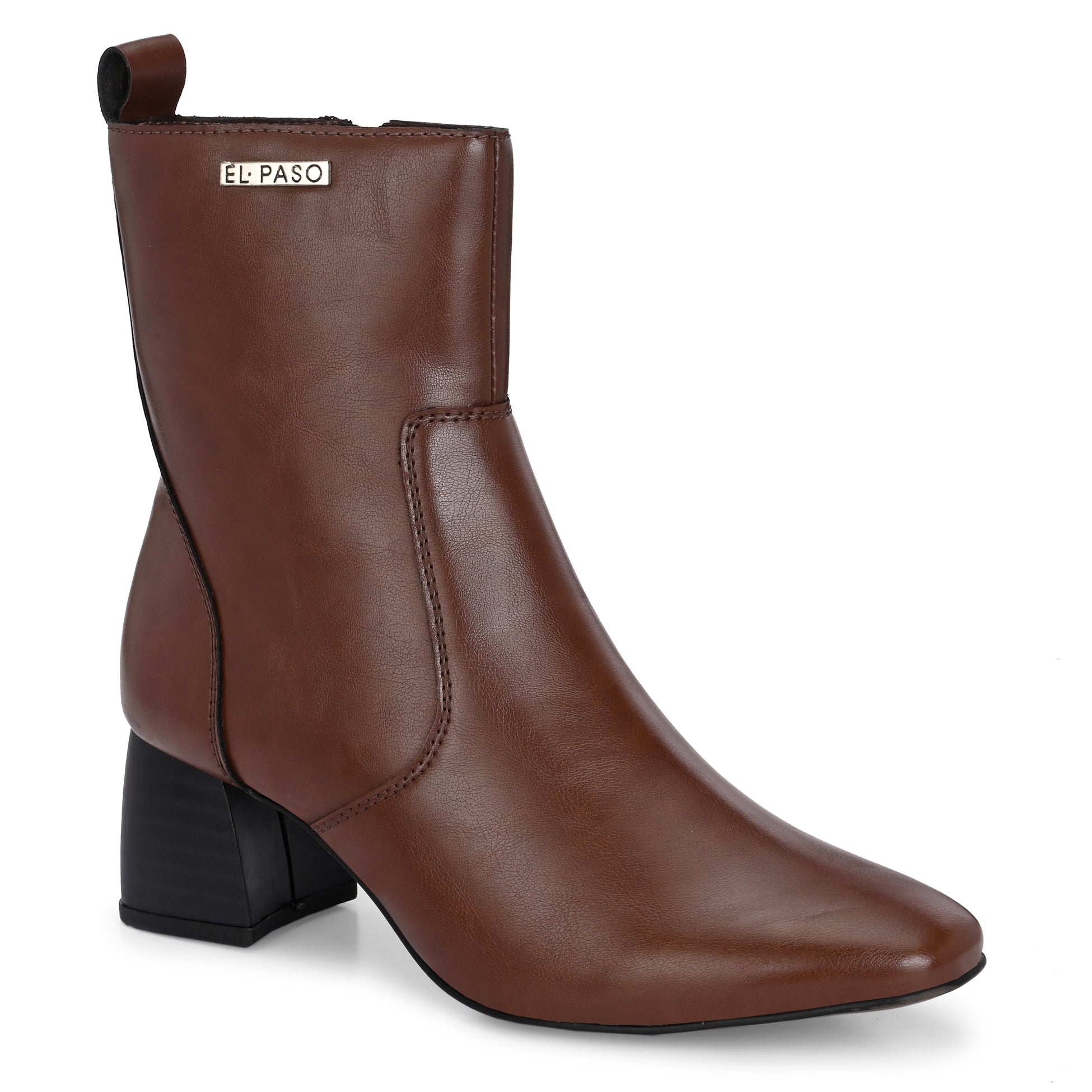 Stylish tan ankle boot with a sturdy block heel and branded El Paso logo