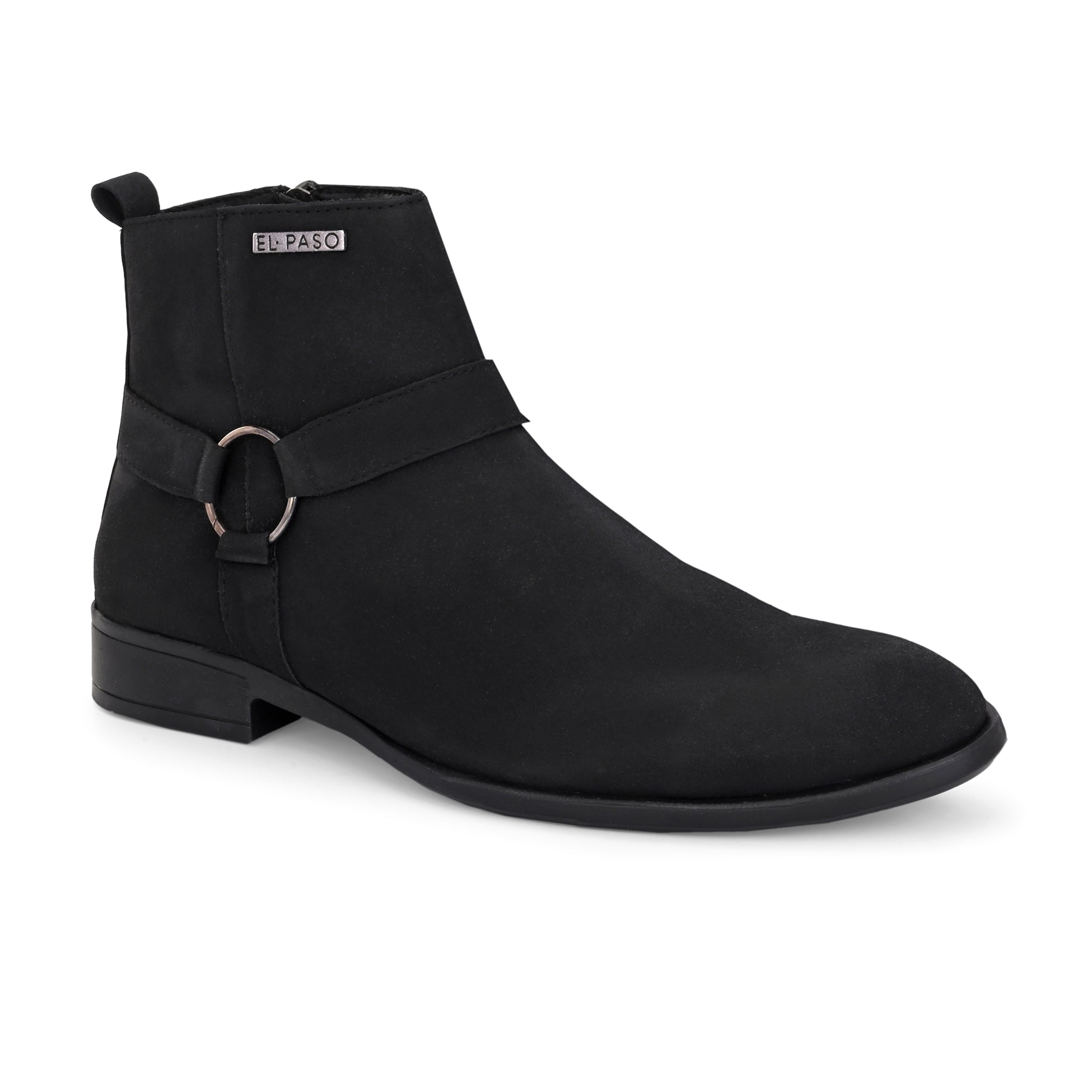 Black ankle-length boots with a matte finish, strap and ring detail, low heel, and "El Paso" branding.