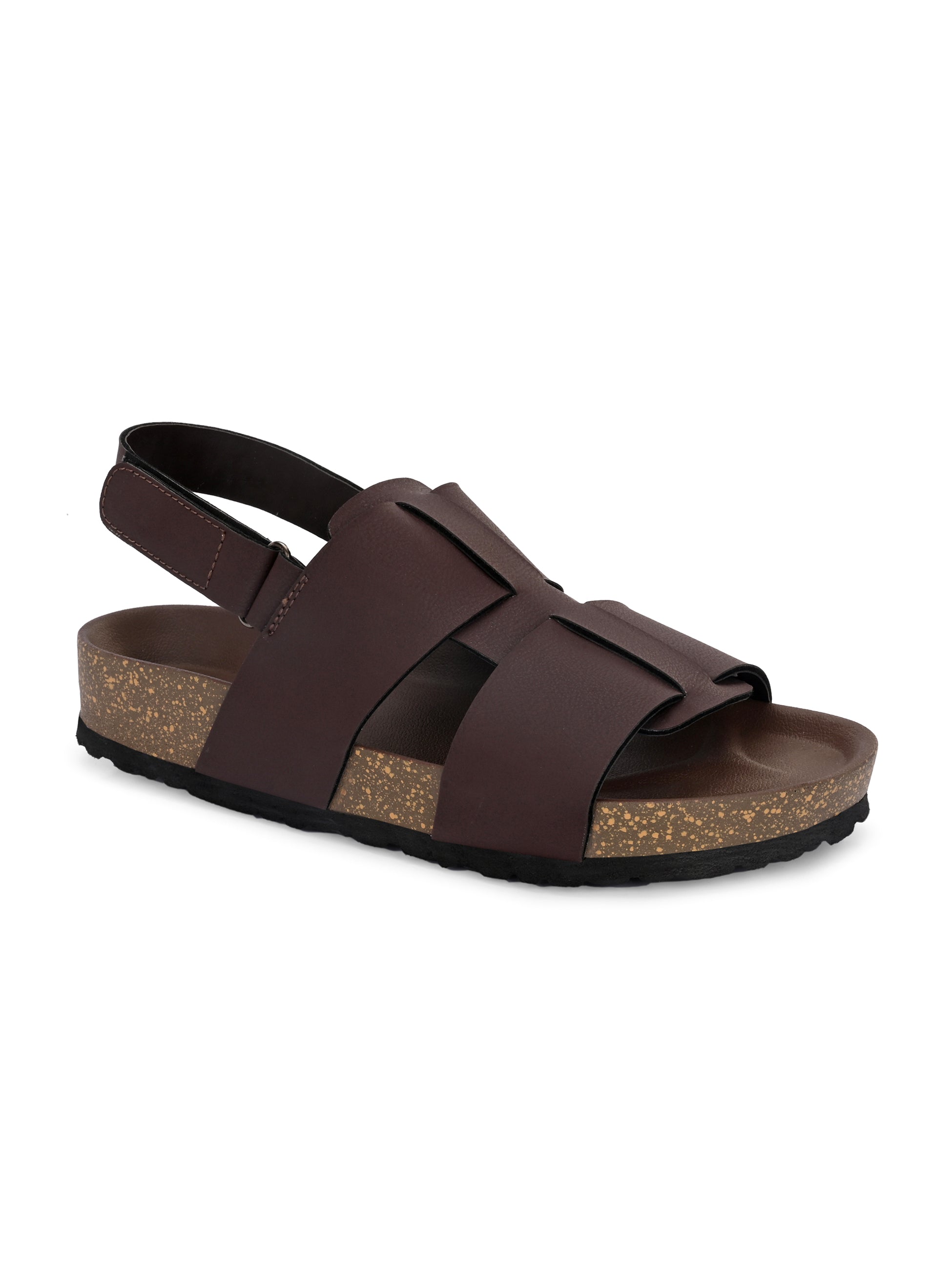 Brown Men's casual  flat heel buckle strap sandal with back strap closure