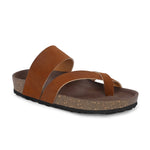 Tan Men's casual flat heel one-toe buckle strap closure sandal 