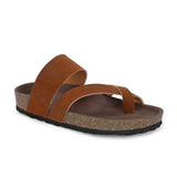 Tan Men's casual flat heel one-toe buckle strap closure sandal 