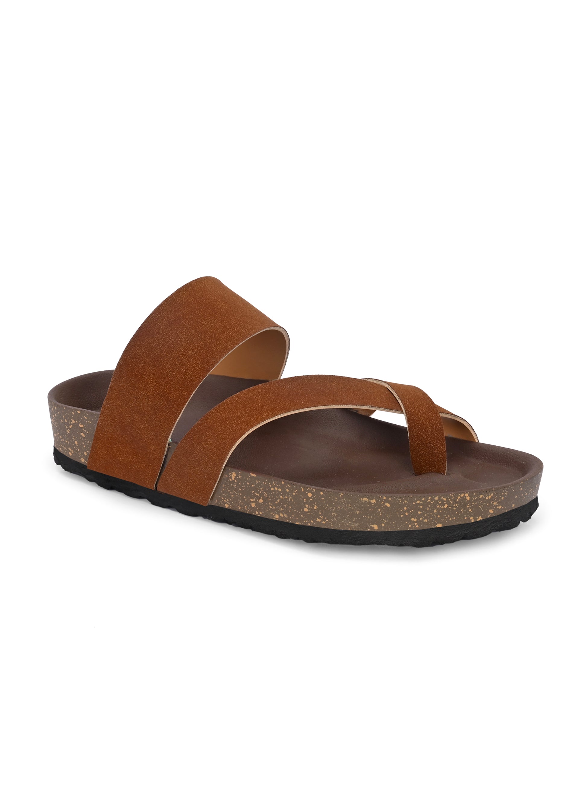 Tan Men's casual flat heel one-toe buckle strap closure sandal 