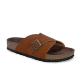 Tan Men's casual flat heel with buckle strap slip-on sandal