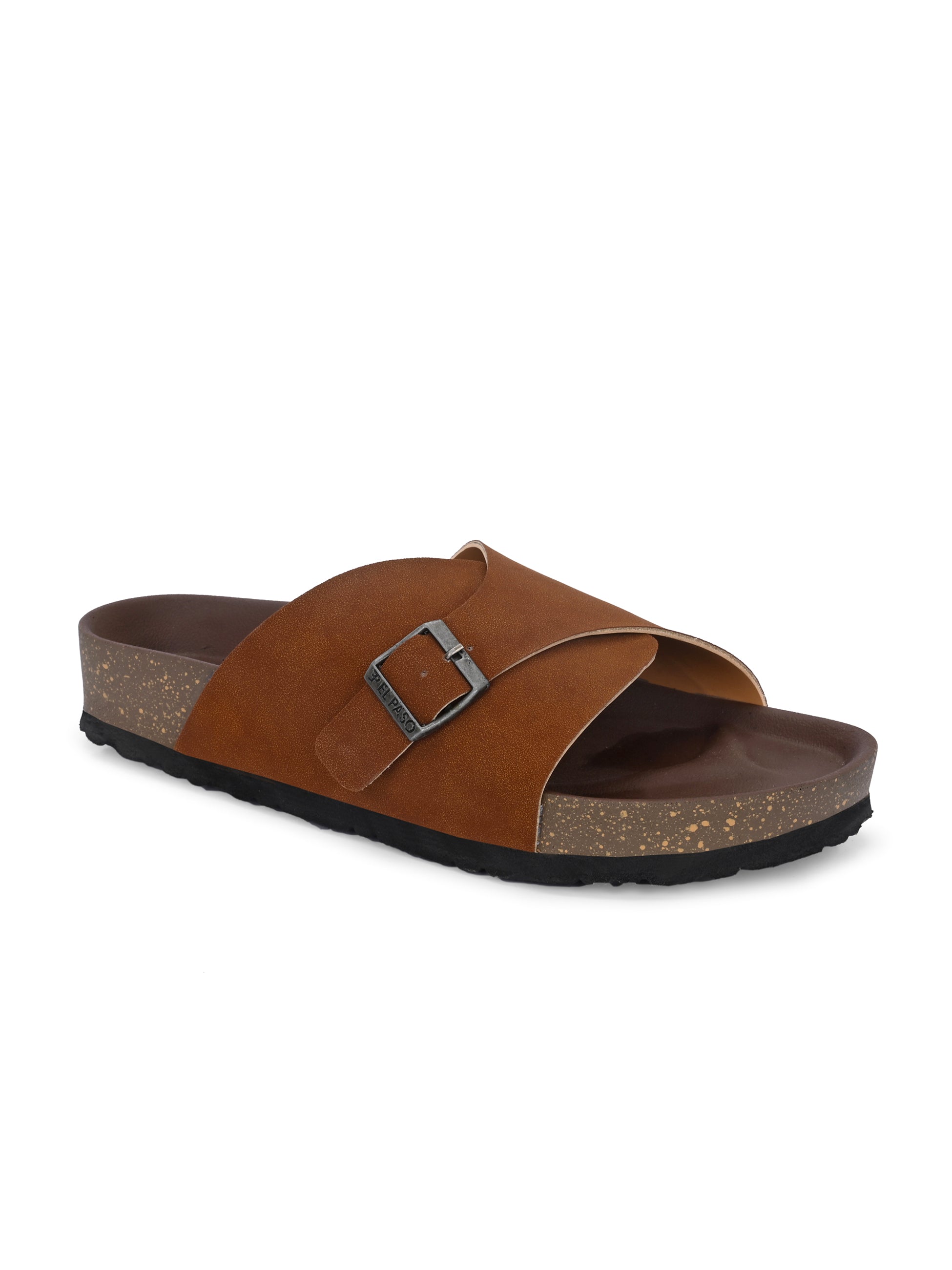 Tan Men's casual flat heel with buckle strap slip-on sandal