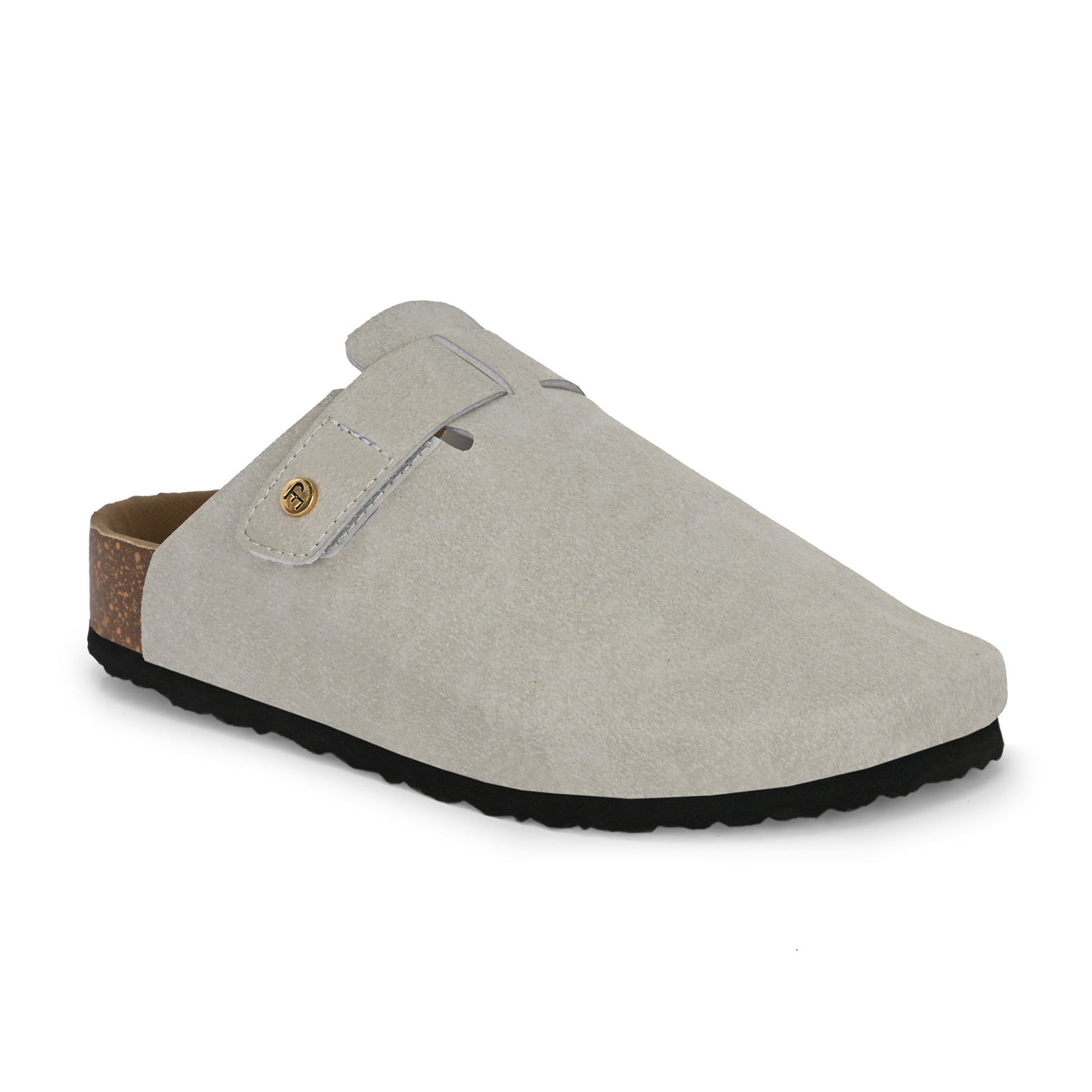 Nude suede slip-on clog with a black rubber sole and adjustable strap.