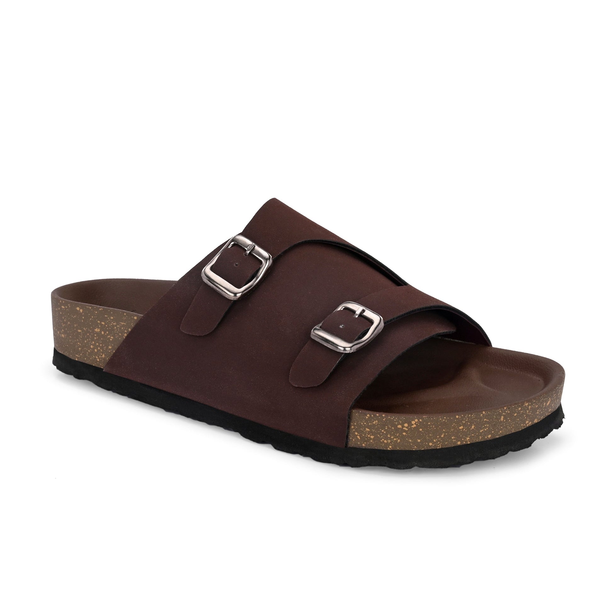 Brown Men's casual buckle strap sandal with slip-on closure