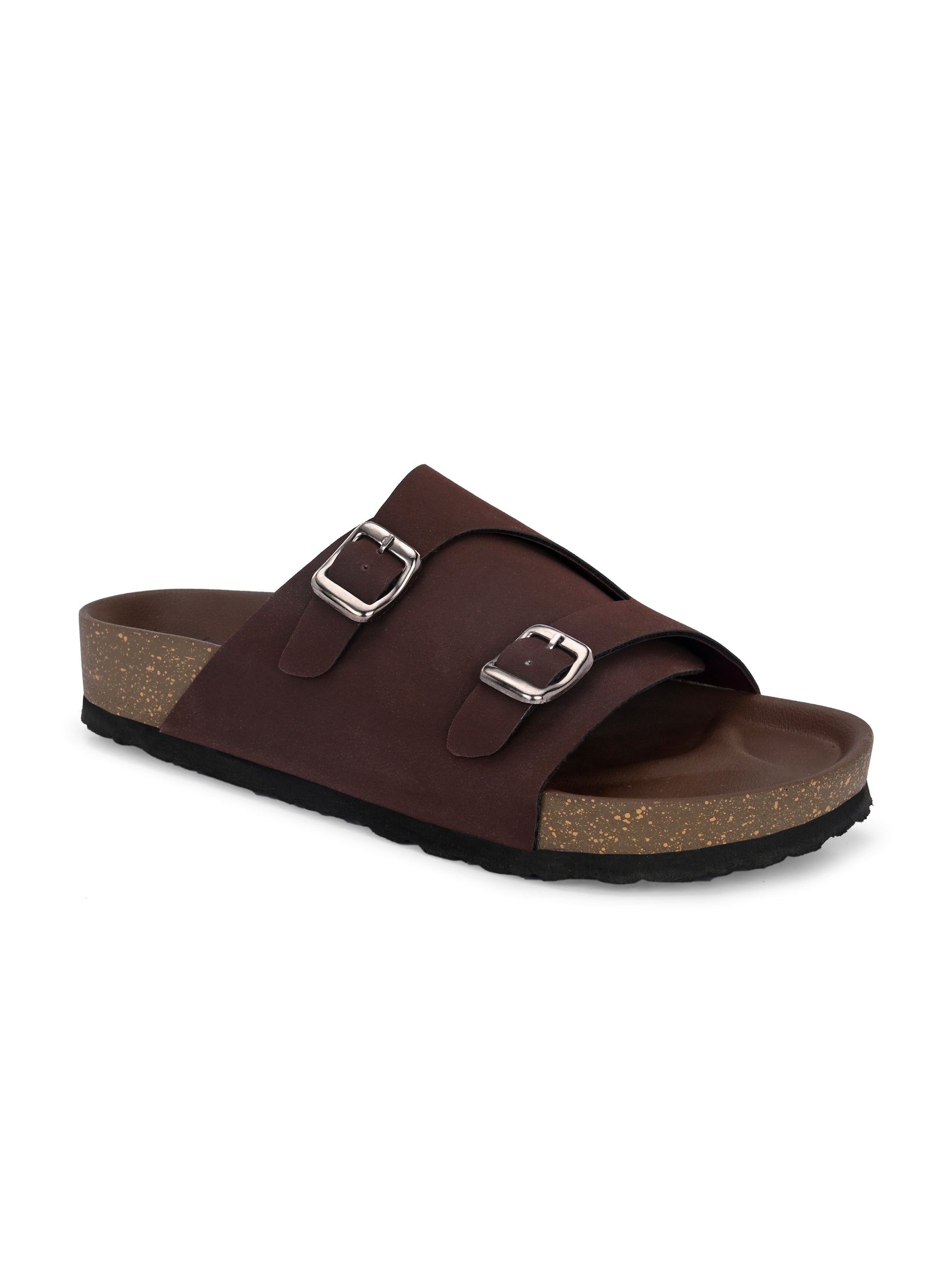 Brown Men's casual buckle strap sandal with slip-on closure