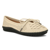 A beige women's flat with a perforated woven upper, round toe, metallic-tipped bow, and flexible black rubber outsole for comfort and casual wear.