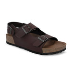 Brown Men's casual flat heel buckle strap sandal with back strap closure 