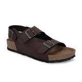 Brown Men's casual flat heel buckle strap sandal with back strap closure 