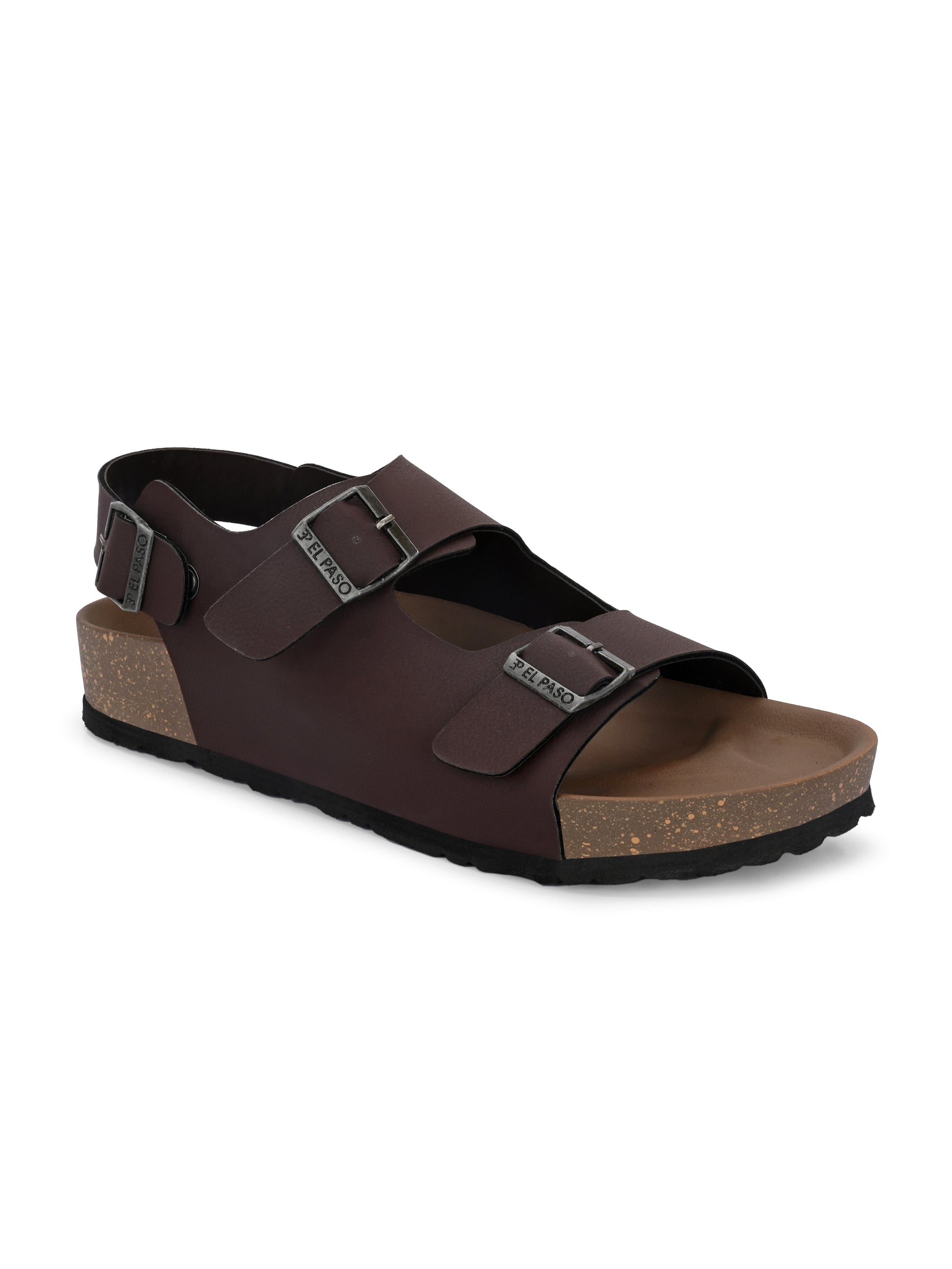 Brown Men's casual flat heel buckle strap sandal with back strap closure 