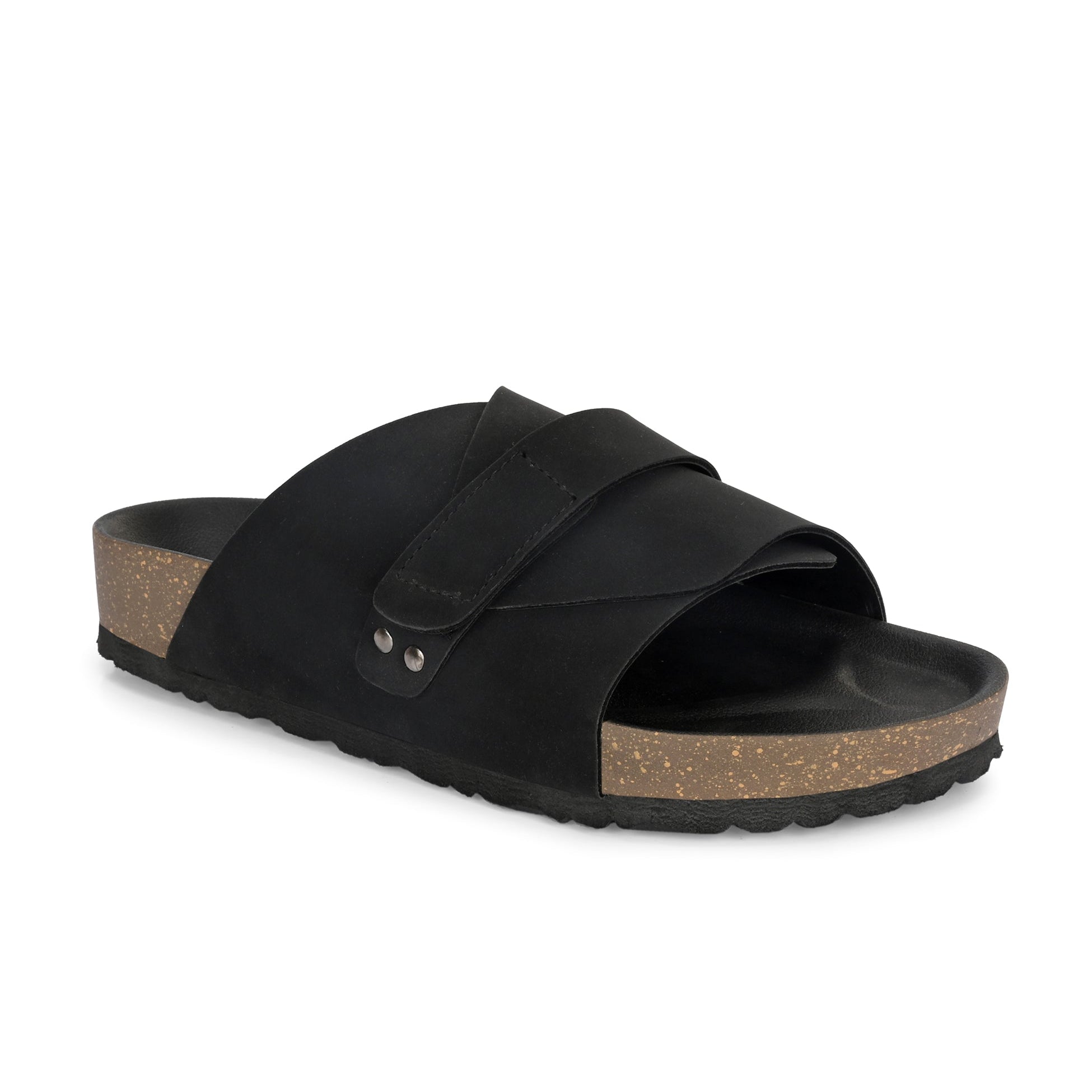 Black Men's casual flat heel strap sandal with slip-on closure 