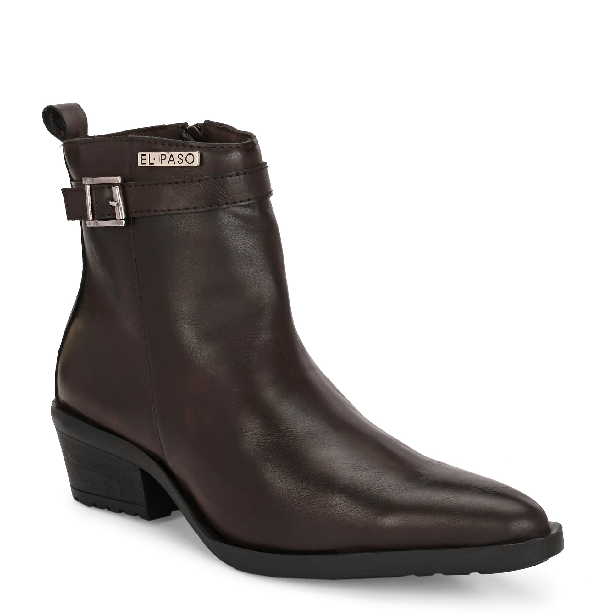 Sleek brown boot with a low block heel, pointed toe, side buckle detail, and "El Paso" branding on the strap.