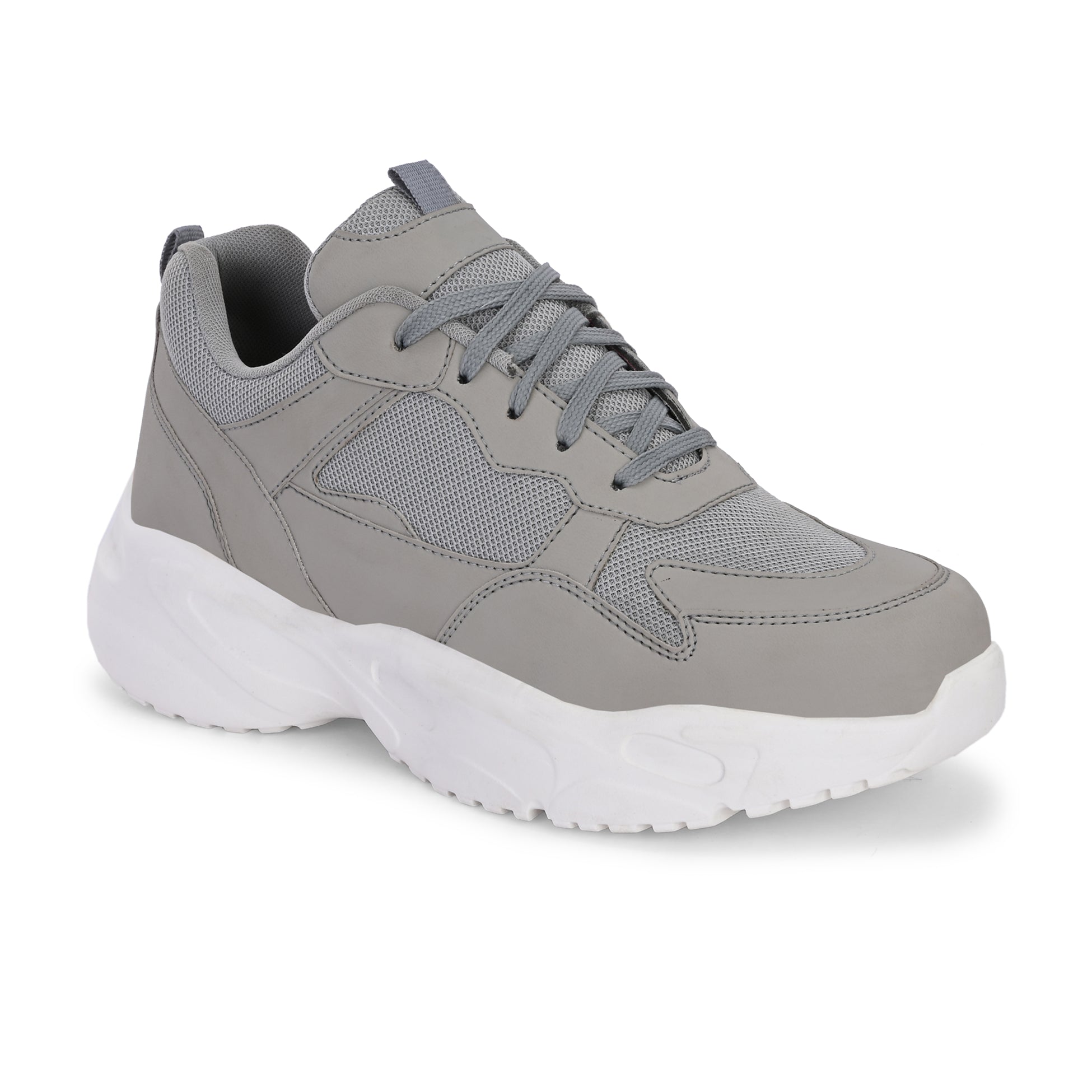 a grey and white sneaker with white heel and lace-up design