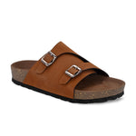 Tan Men's casual buckle strap sandal with slip-on closure