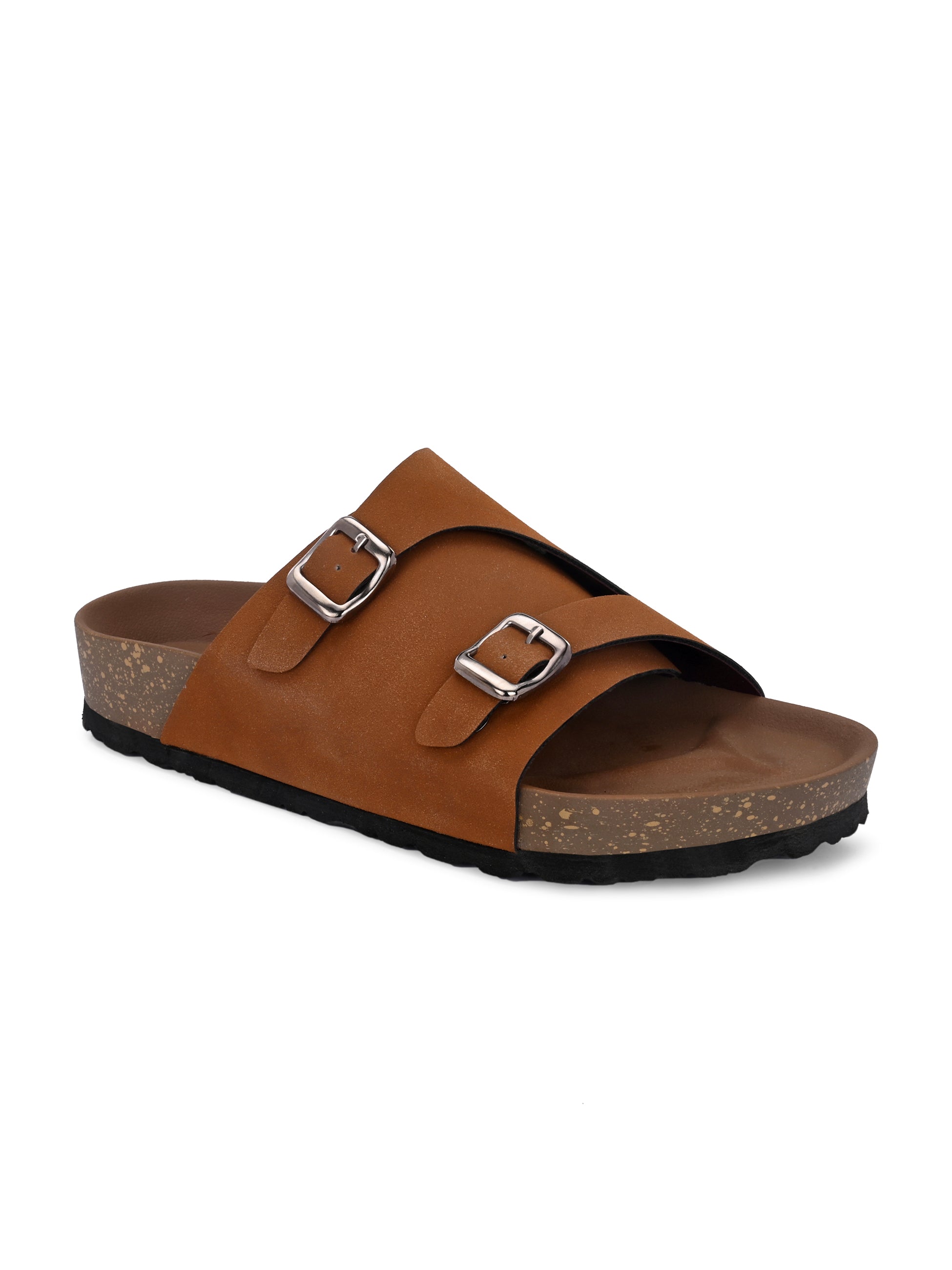 Tan Men's casual buckle strap sandal with slip-on closure