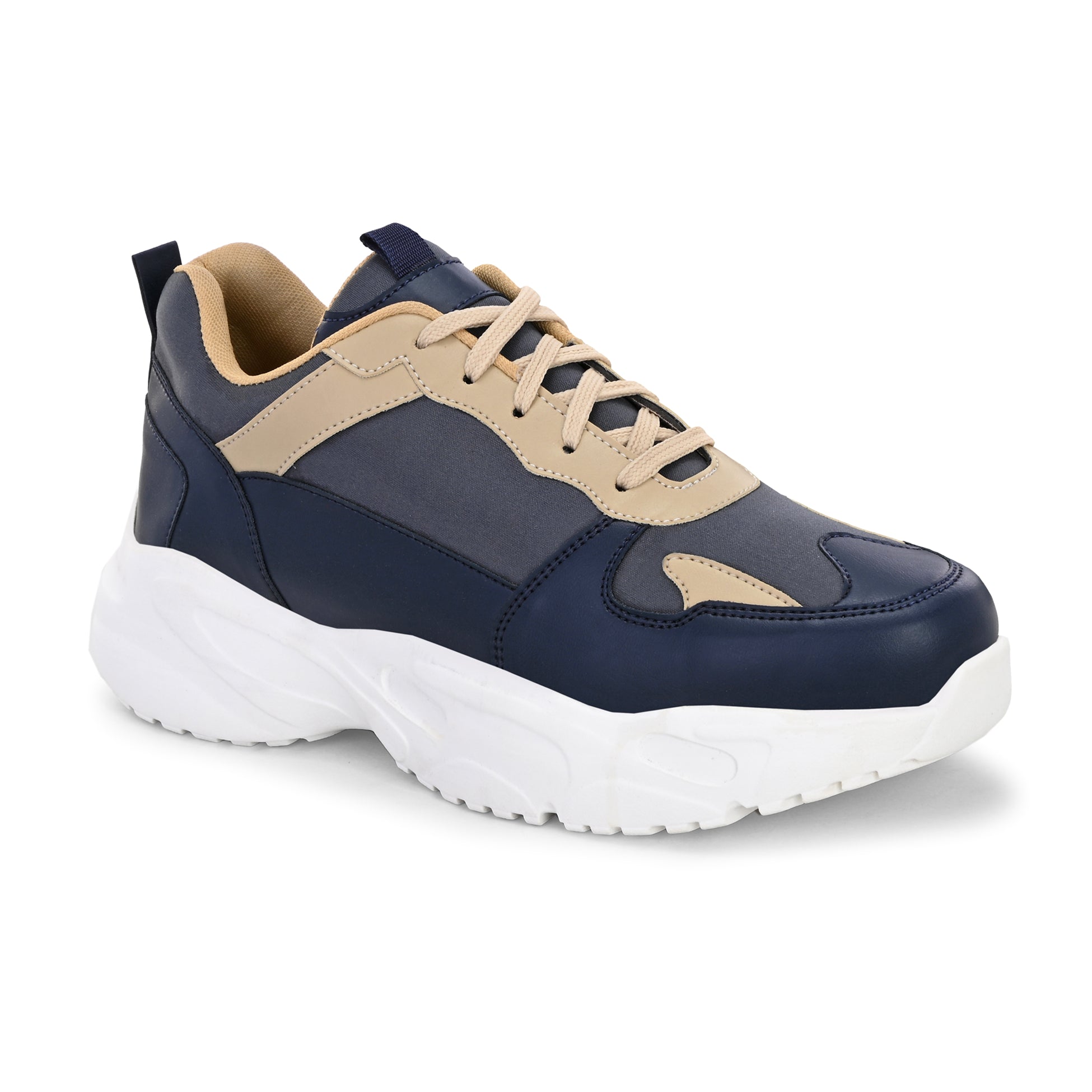 Navy blue and beige sneakers with a sleek design and durable chunky sole.