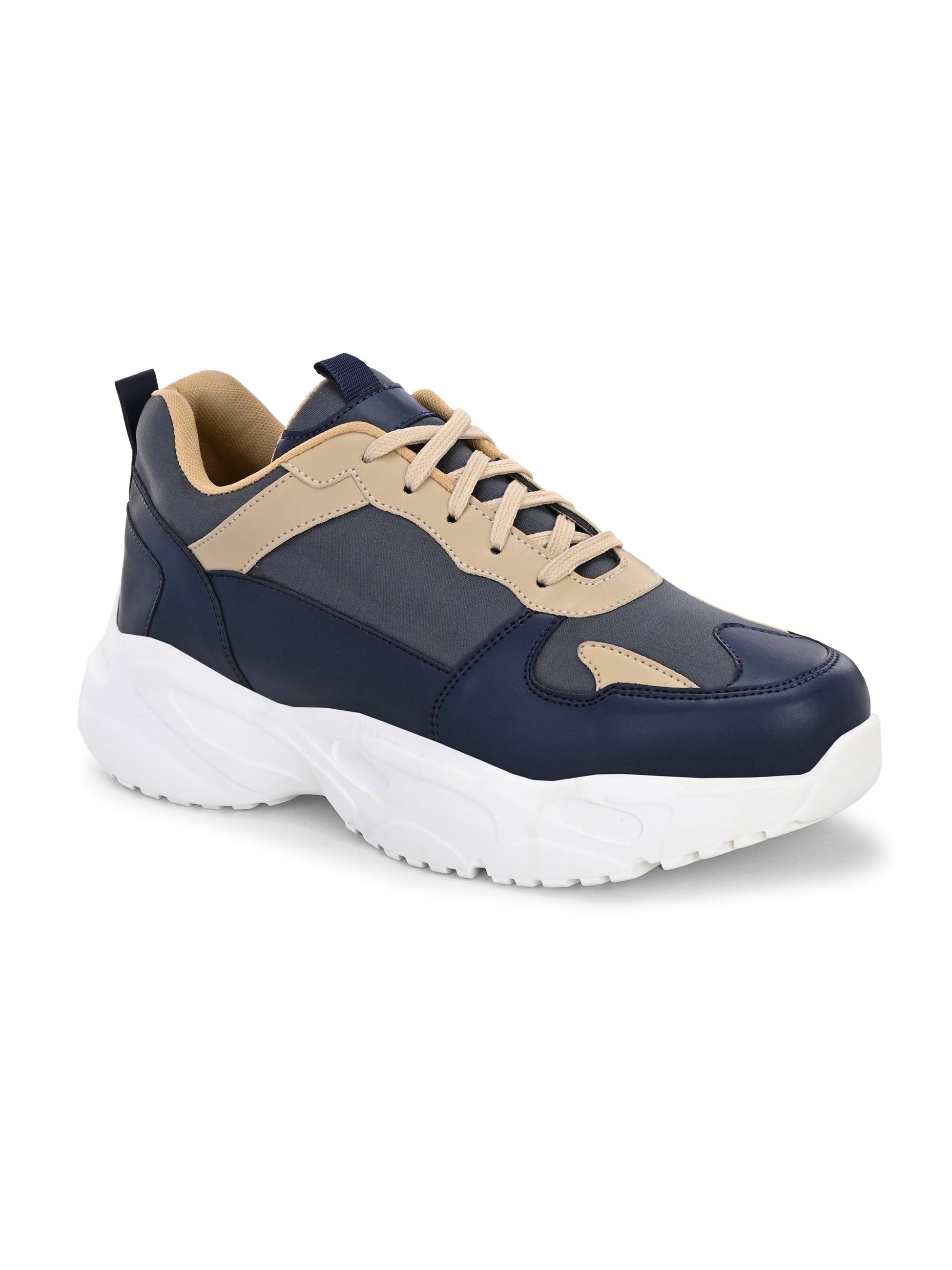 Navy blue and beige sneakers with a sleek design and durable chunky sole.