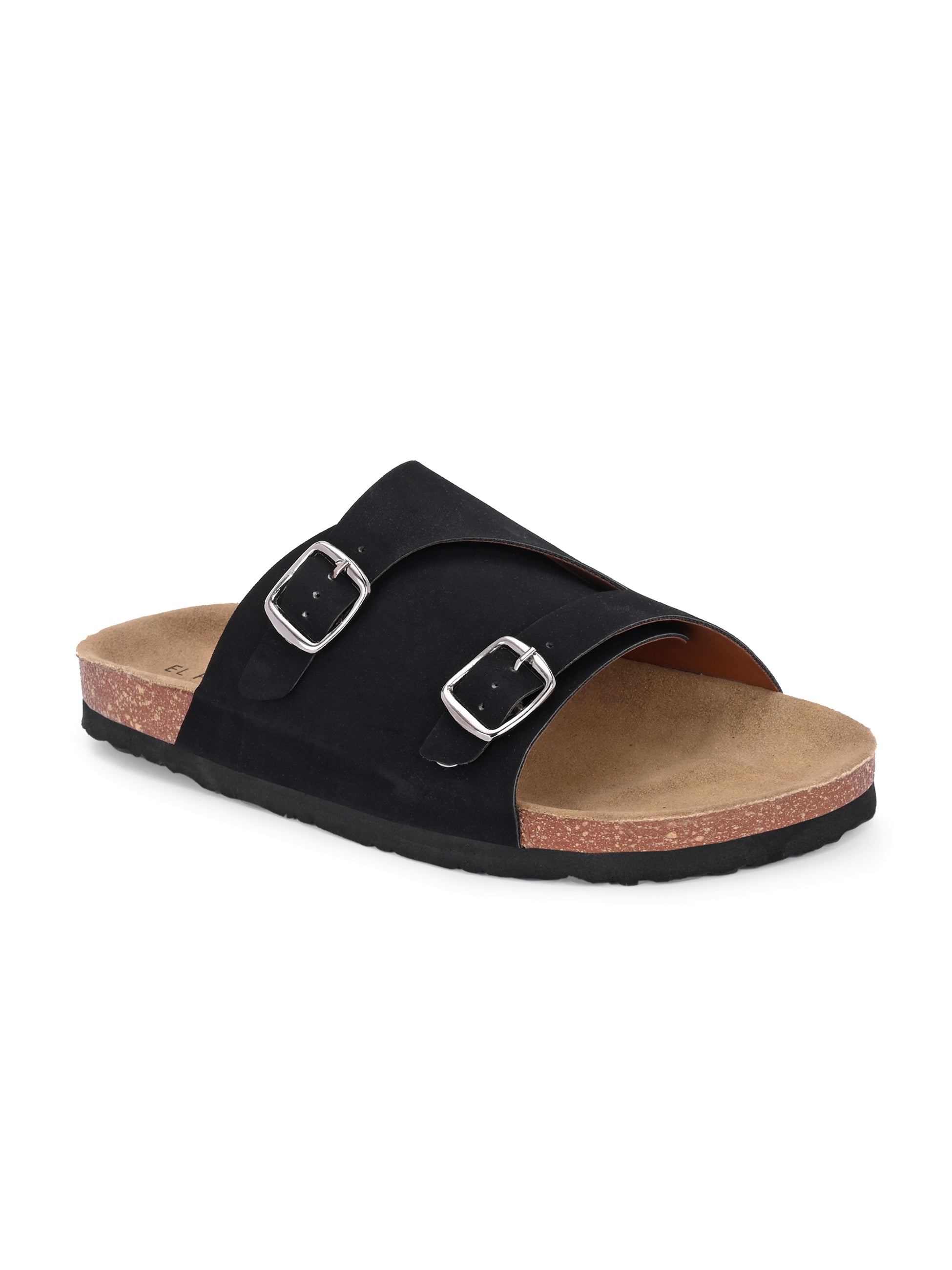 Men's casual Dark Black sandals with slip-on style and buckle strap