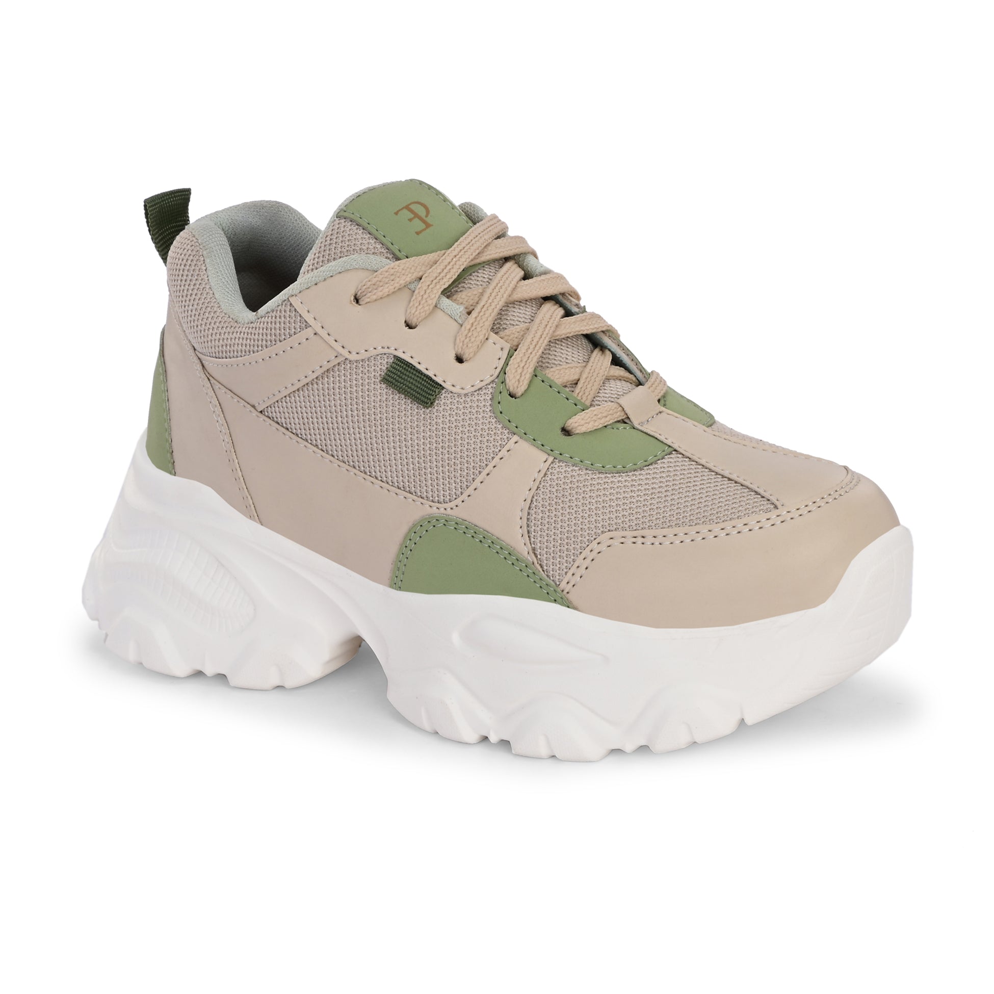 Beige and green chunky sneaker with a textured sole and modern design