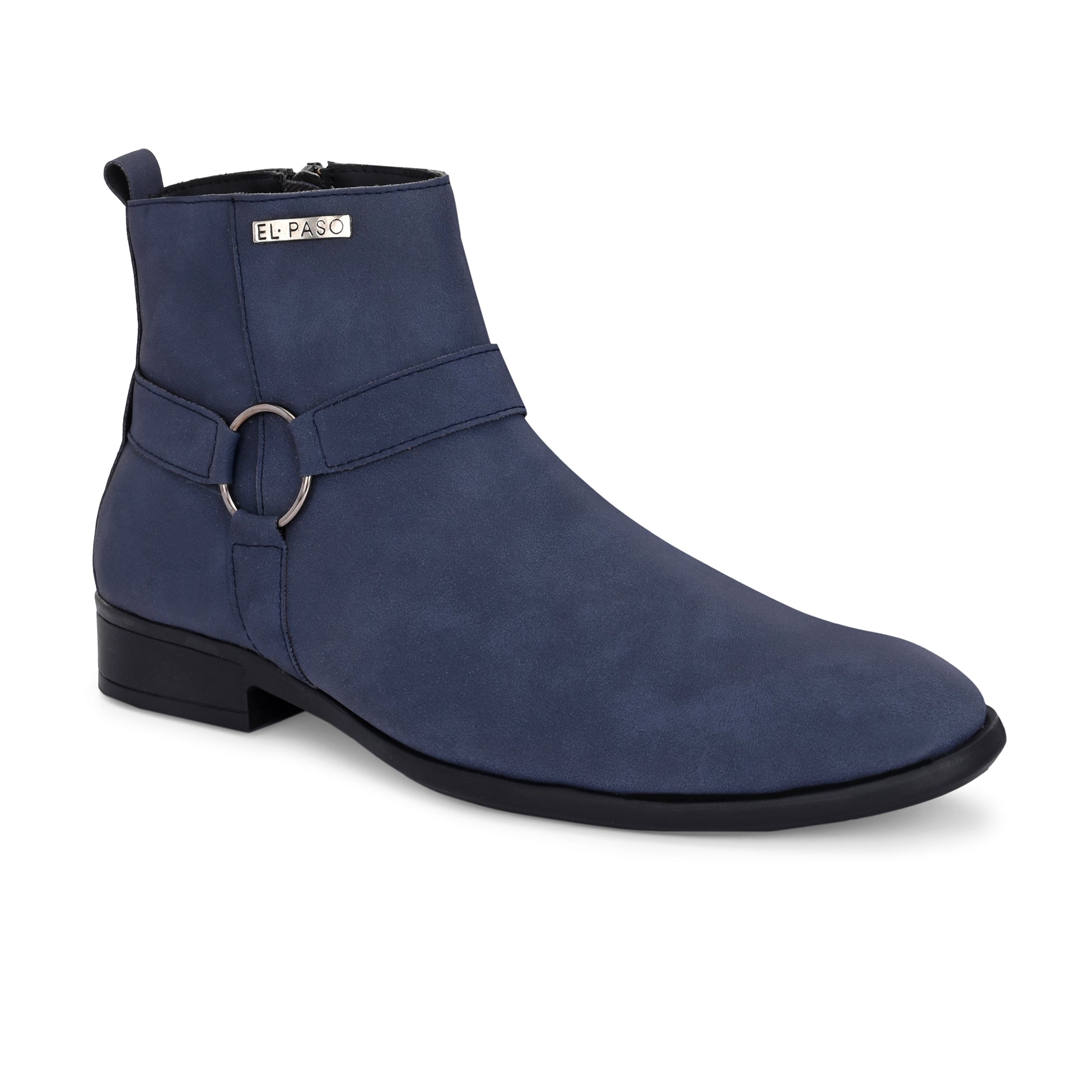 Blue matte Chelsea boots for men, featuring a strap and ring detail, low heel, and "El Paso" branding.