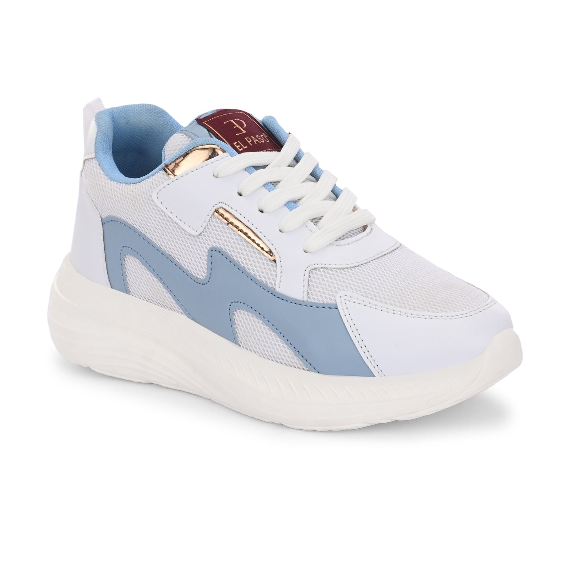 A blue and white tennis shoe, designed for athletic activities.