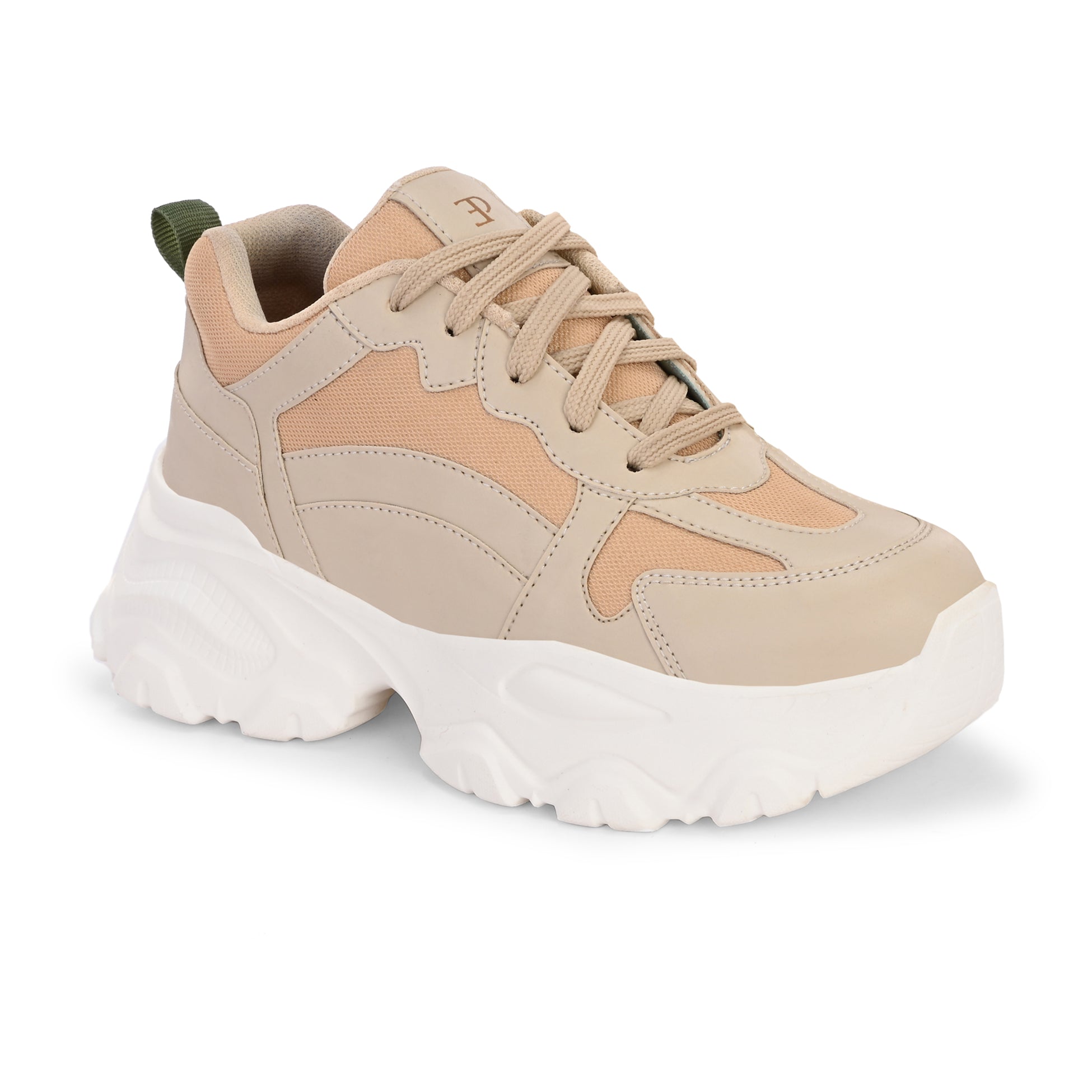 Beige chunky sneakers with a textured sole and mesh accents.