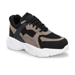 Stylish black and beige sneakers with a modern chunky white sole.