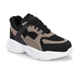 Stylish black and beige sneakers with a modern chunky white sole.