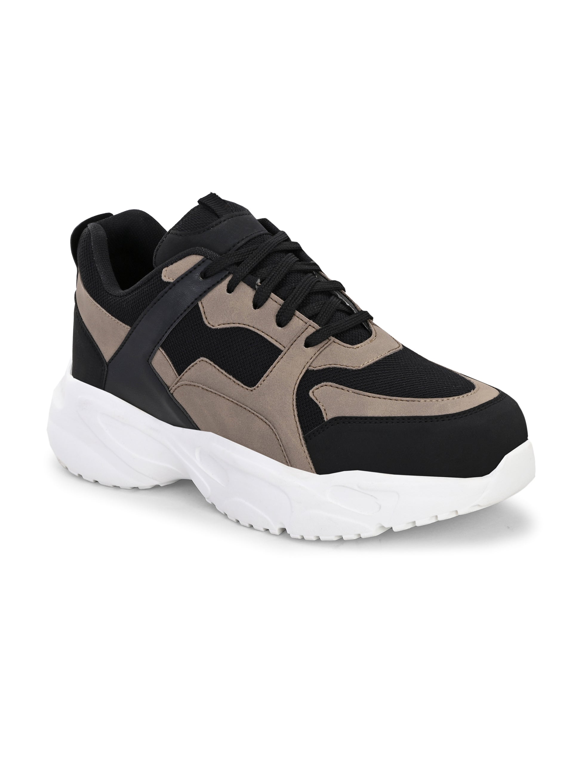 Stylish black and beige sneakers with a modern chunky white sole.